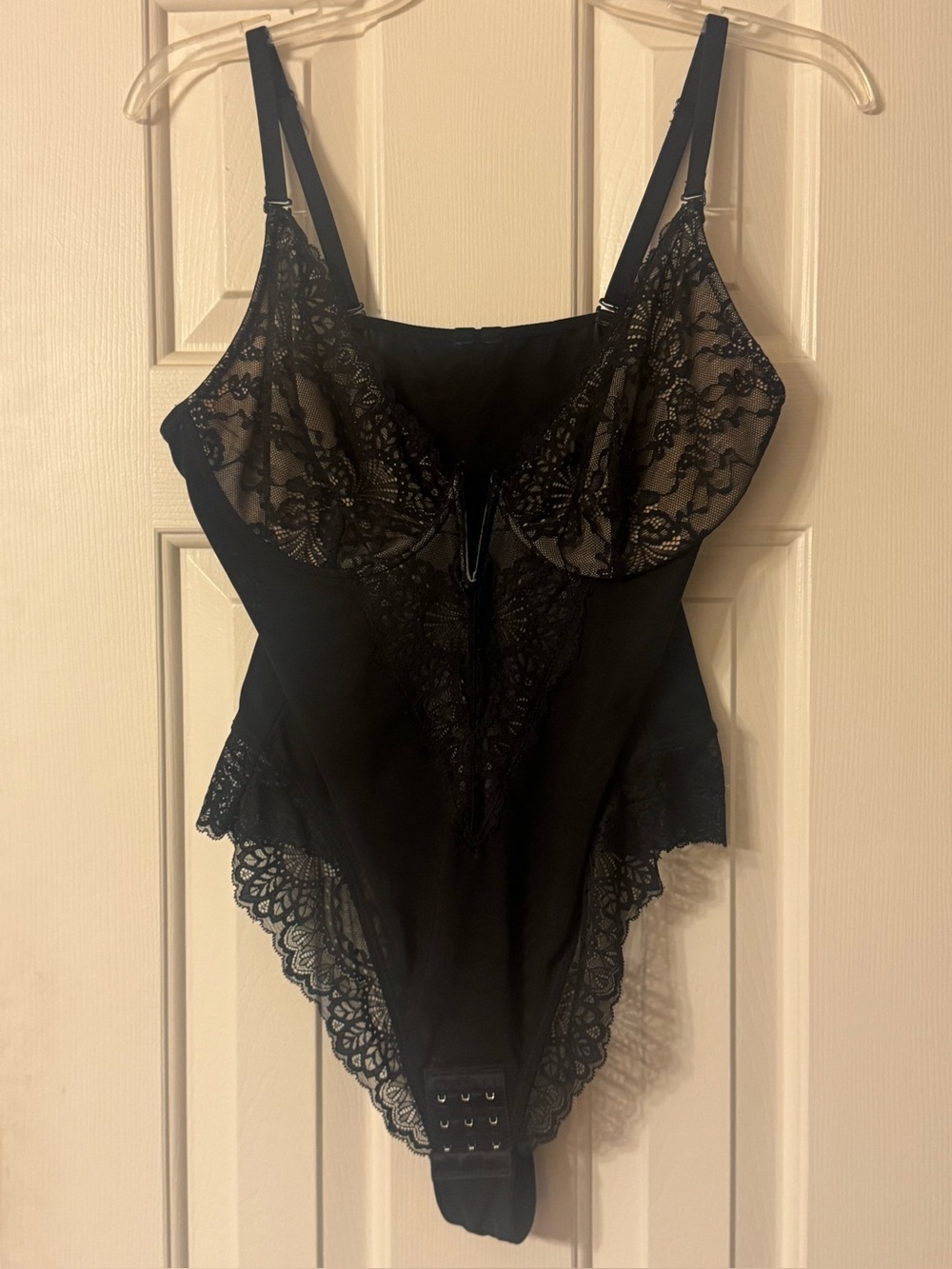 POPILUSH - Black and Nude Lace Plunging V - One-Piece Bodysuit with Support